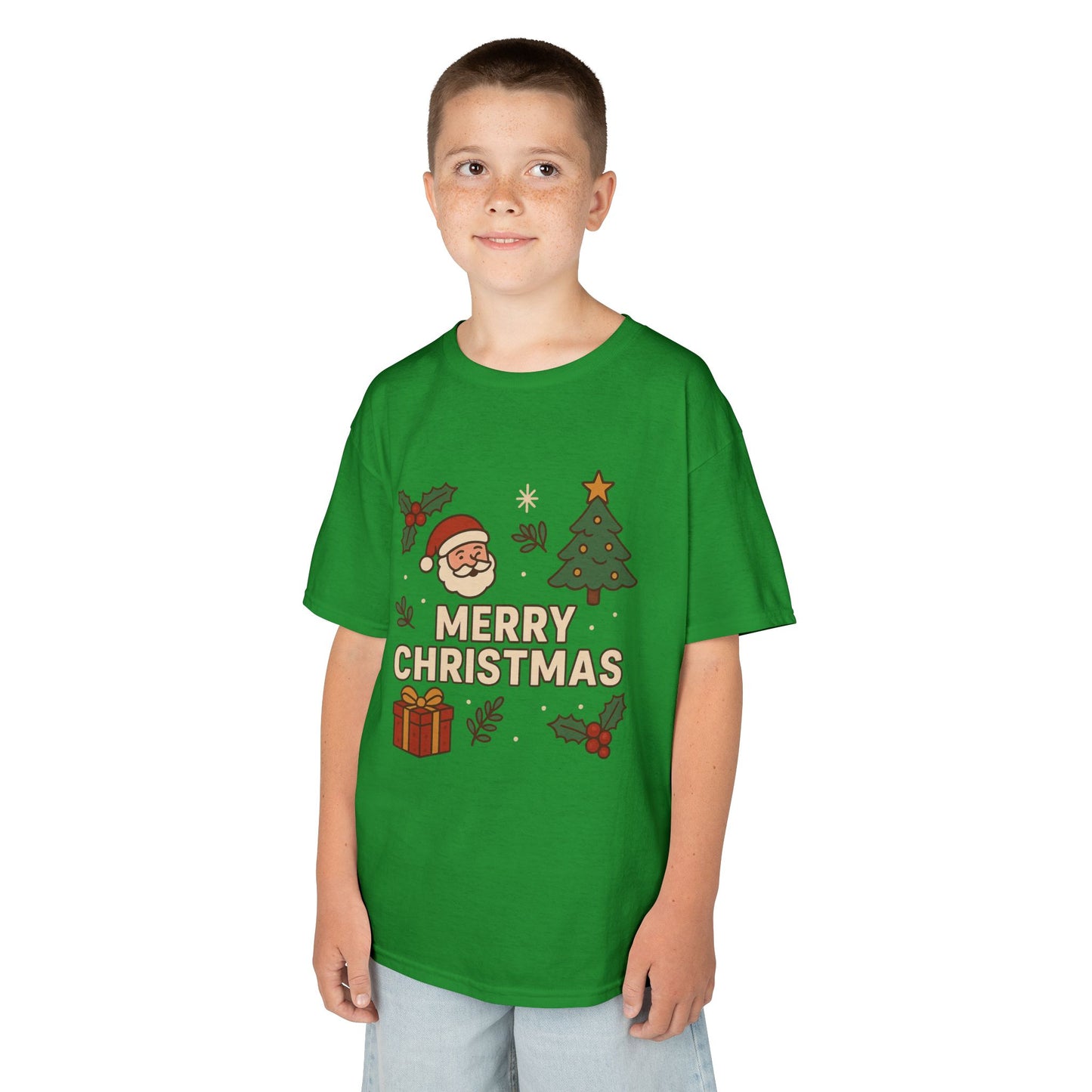 Kids Merry Christmas Tee — Santa, Tree & Gift Holiday Shirt