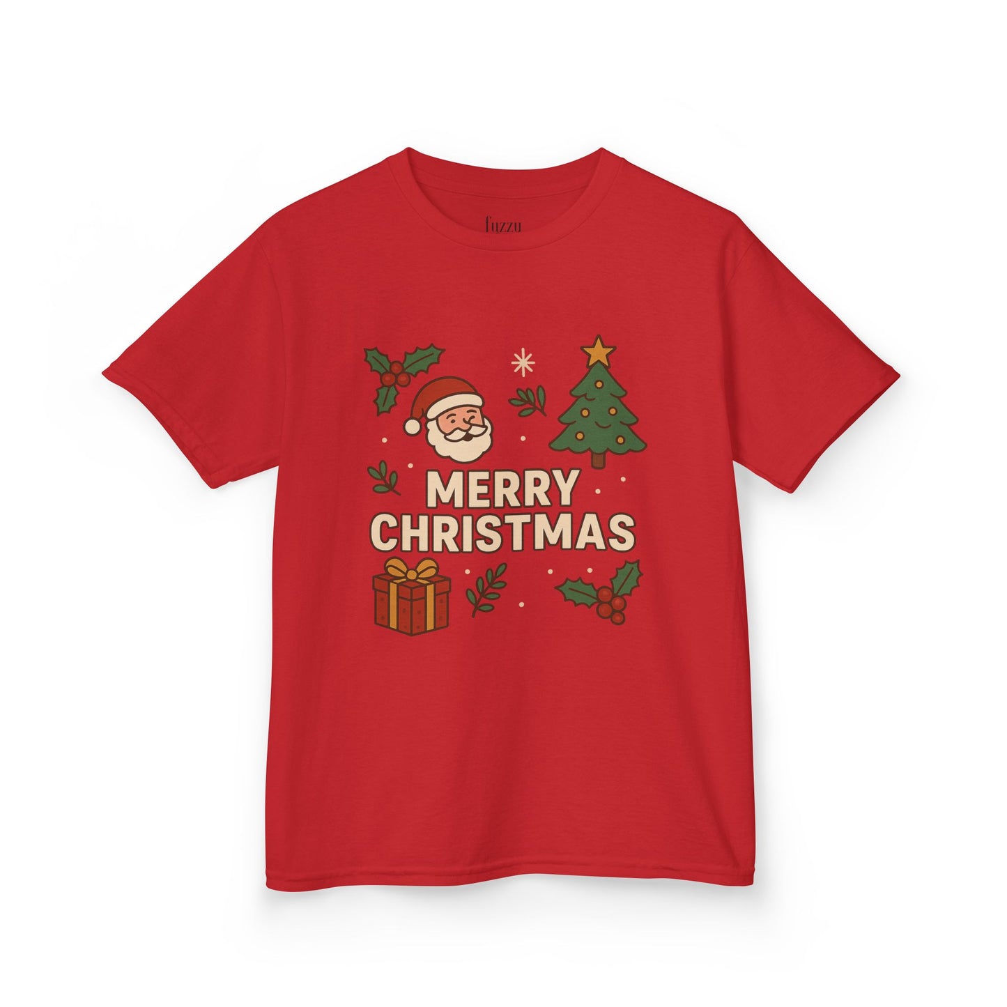 Kids Merry Christmas Tee — Santa, Tree & Gift Holiday Shirt