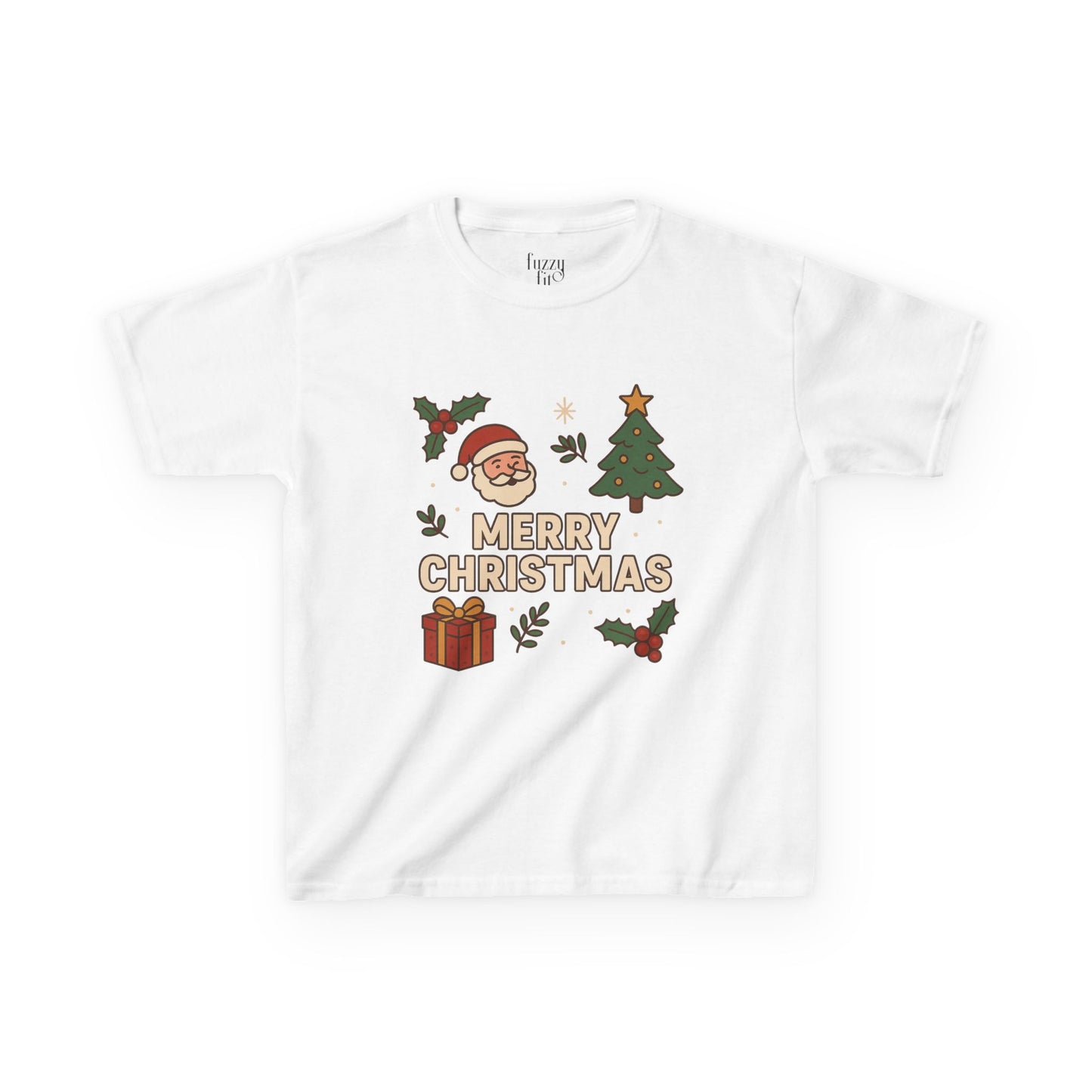 Kids Merry Christmas Tee — Santa, Tree & Gift Holiday Shirt