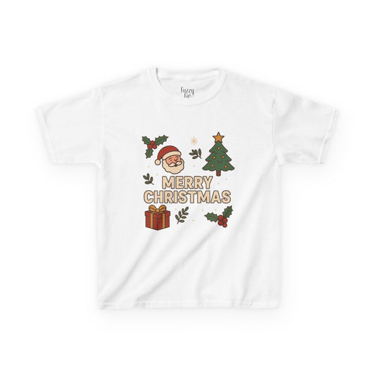 Kids Merry Christmas Tee — Santa, Tree & Gift Holiday Shirt