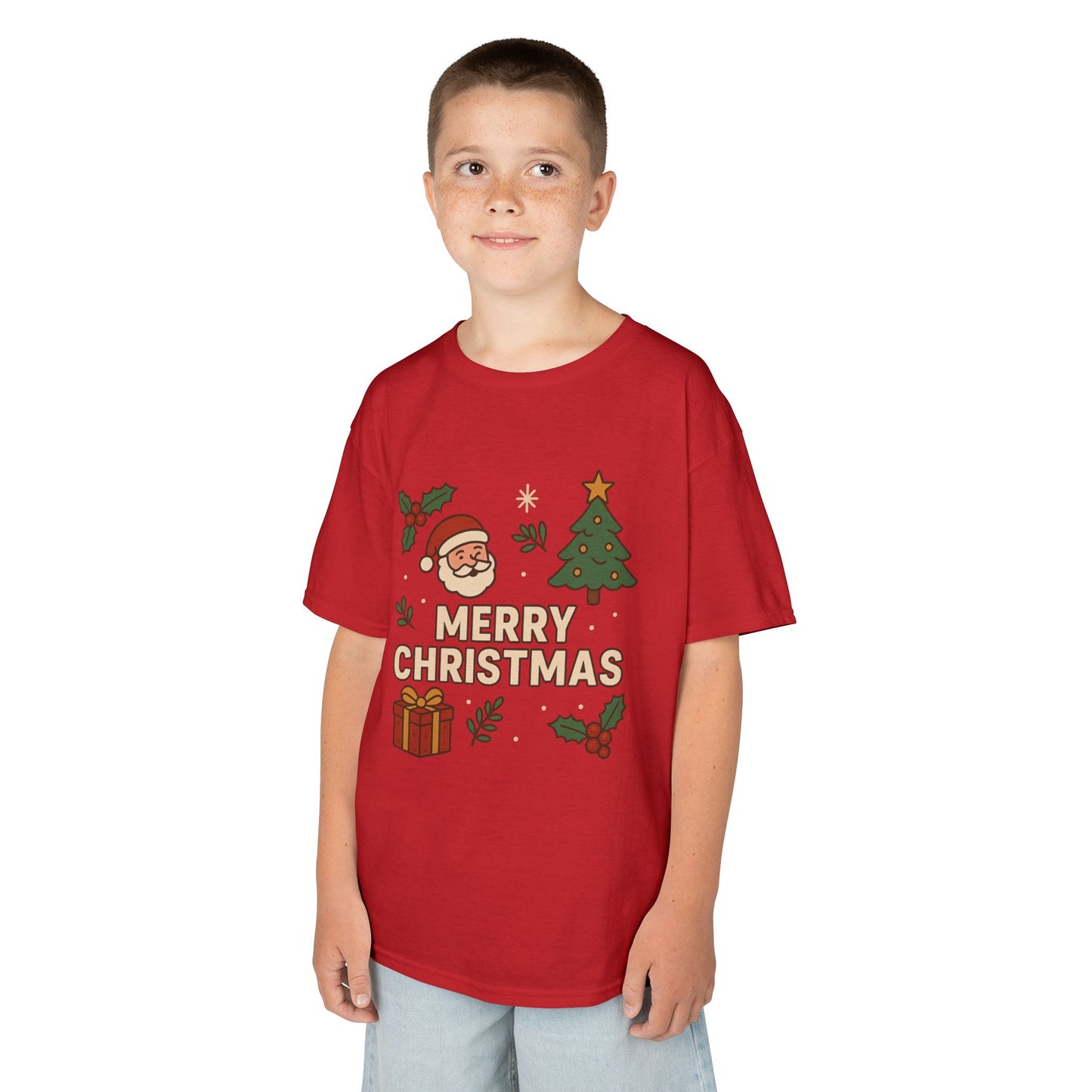 Kids Merry Christmas Tee — Santa, Tree & Gift Holiday Shirt