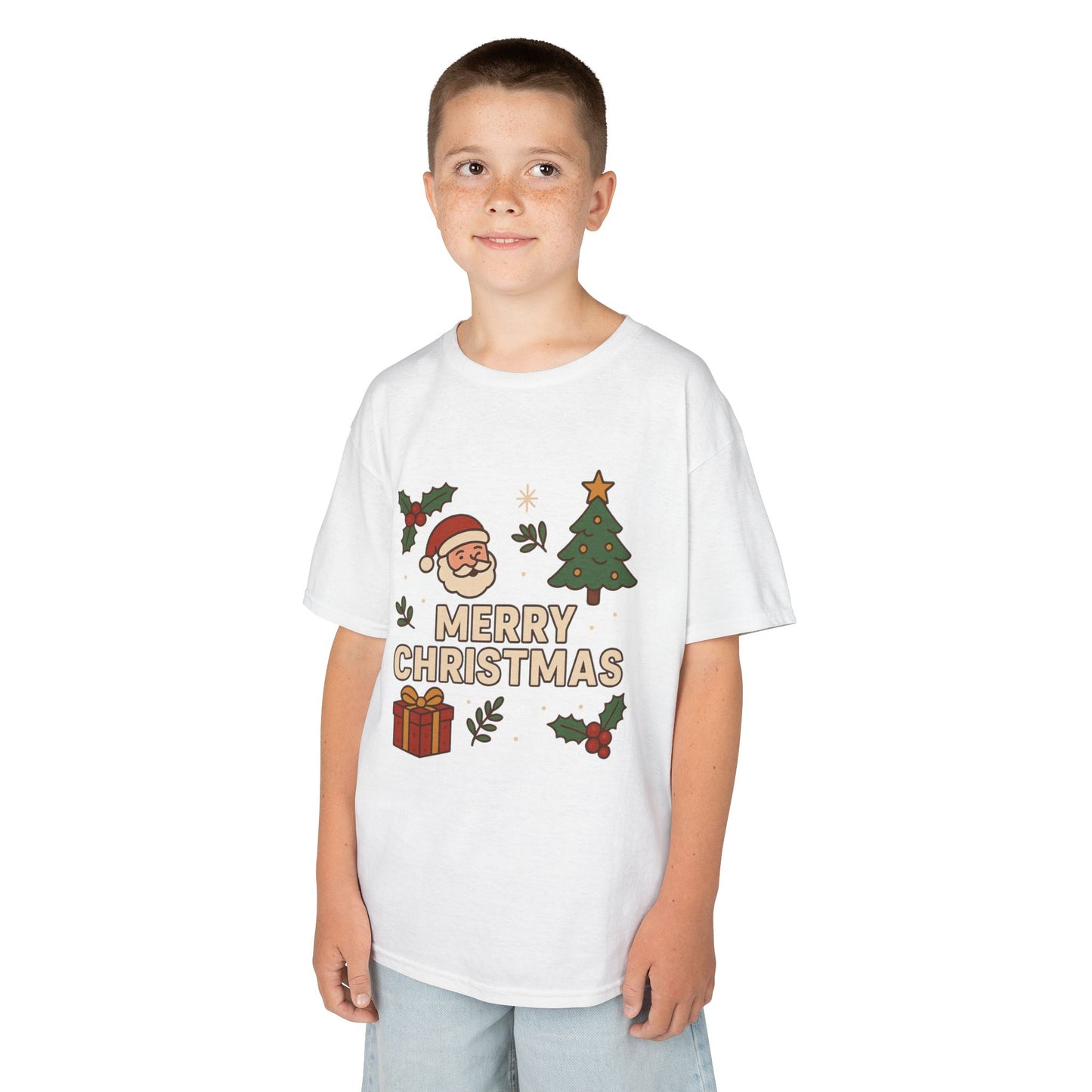 Kids Merry Christmas Tee — Santa, Tree & Gift Holiday Shirt